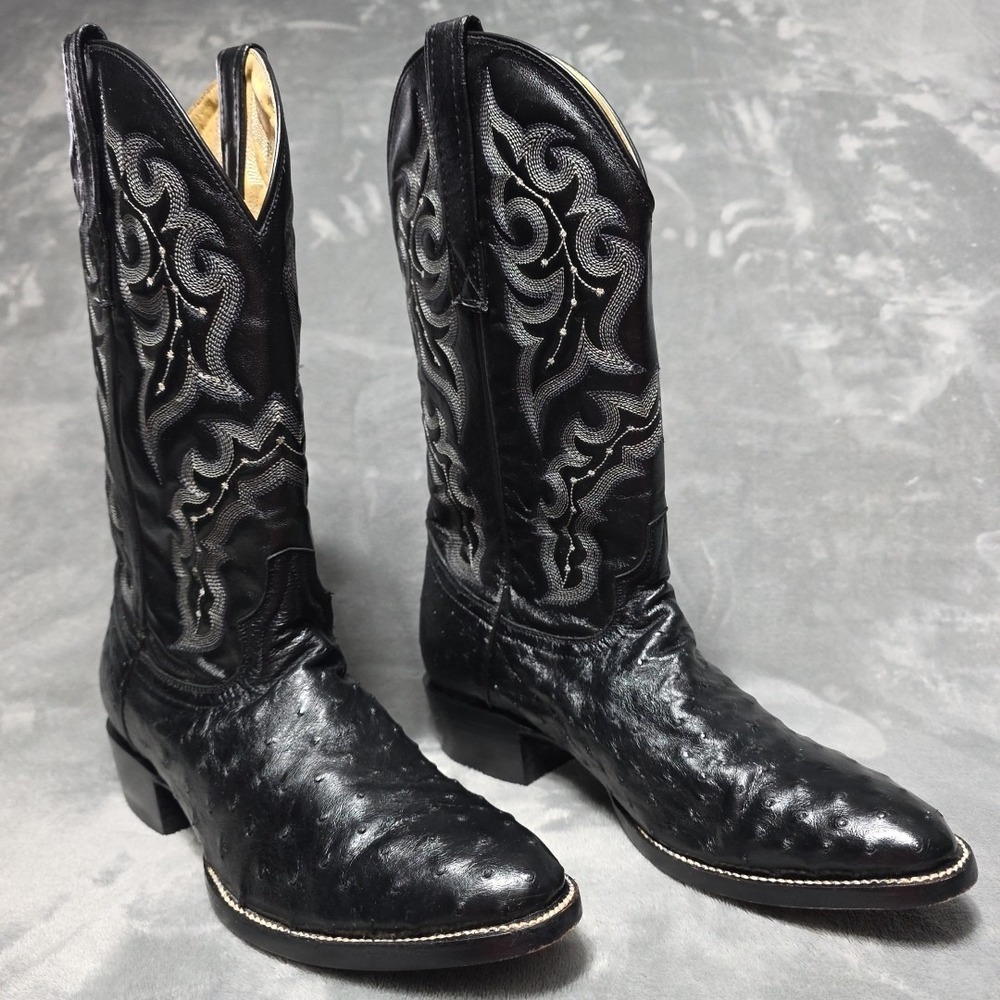 Vintage Circle G Black Ostrich Leather Men's Cowboy Boots Size 8.5 D EXC Country - Picture 8 of 10